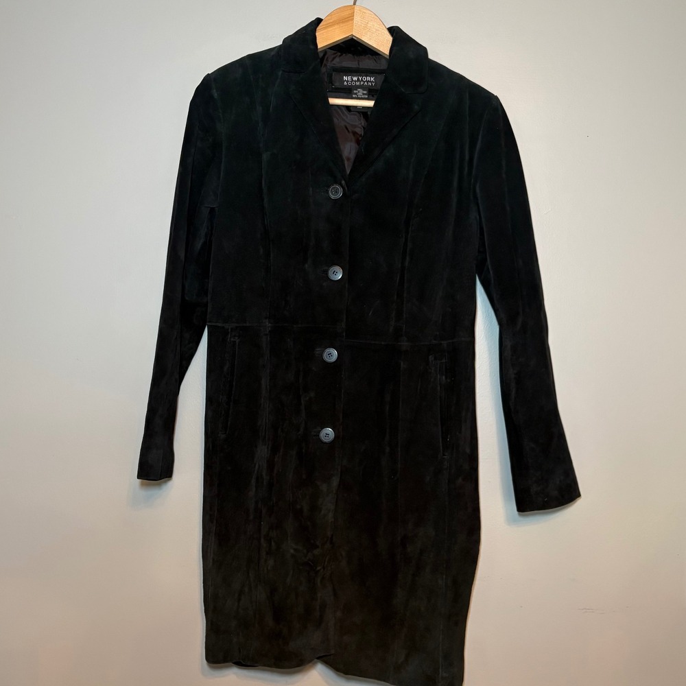 New York & Company Black Suede Leather Trench Coat Jacket Women Small Long Suede